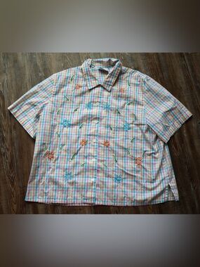 Napa Valley Womens Pastel Plaid Embroidered Floral Cutesy Cottagecore Blouse XL